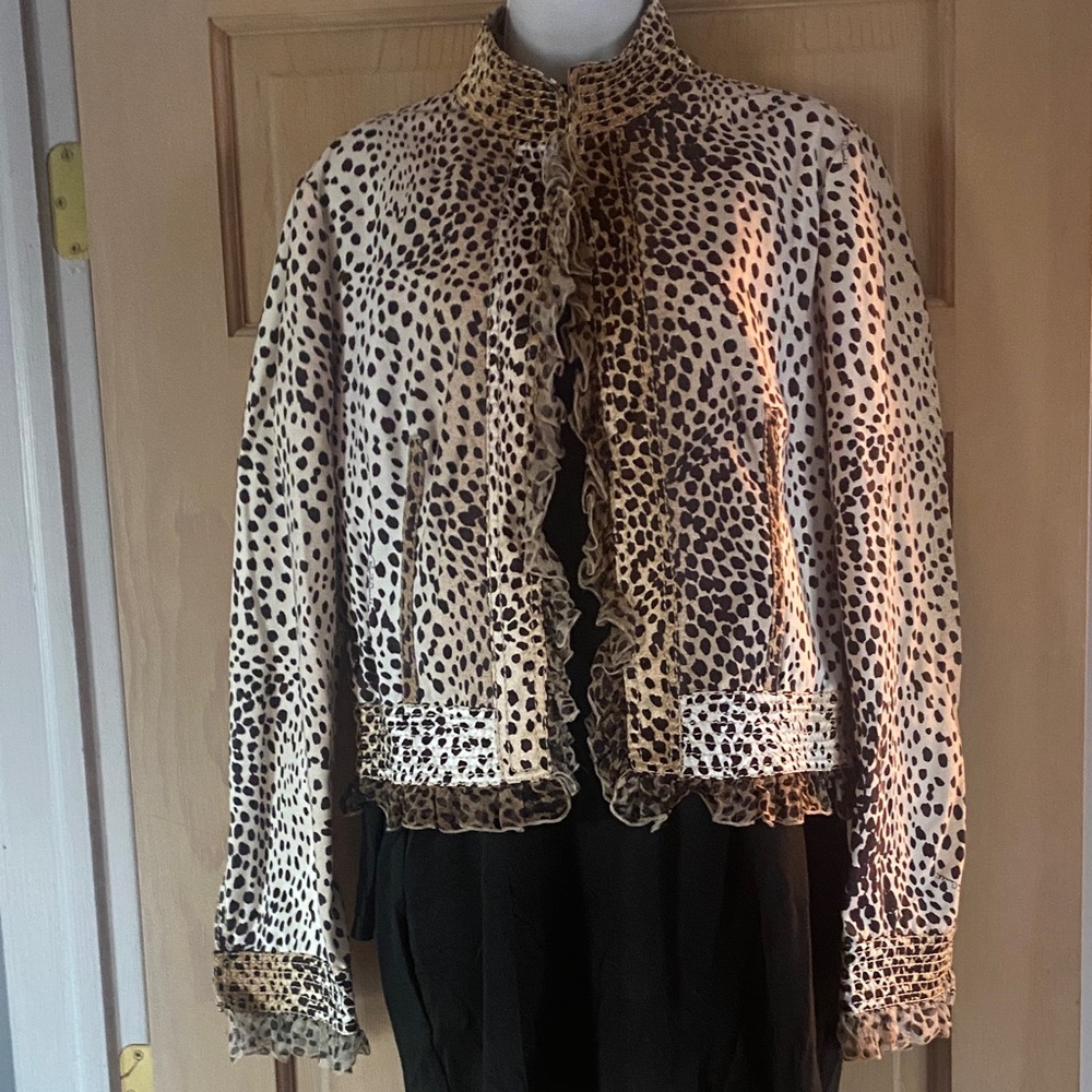 Roberto Cavalli Cream and Brown Leopard Ruffle Jacket